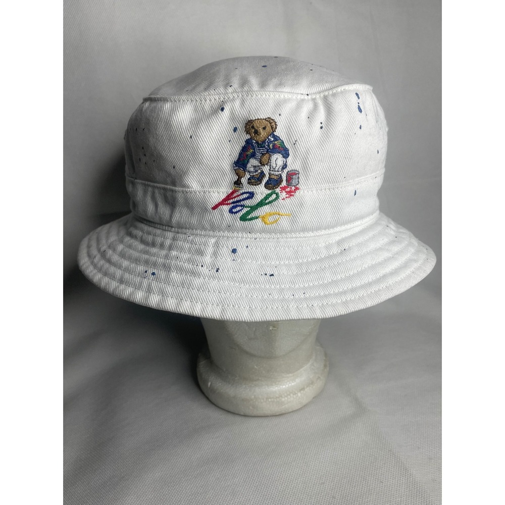 Polo Ralph Lauren Embroidered Paint Spatter Bear Bucket Cap S/M White Cotton Hat